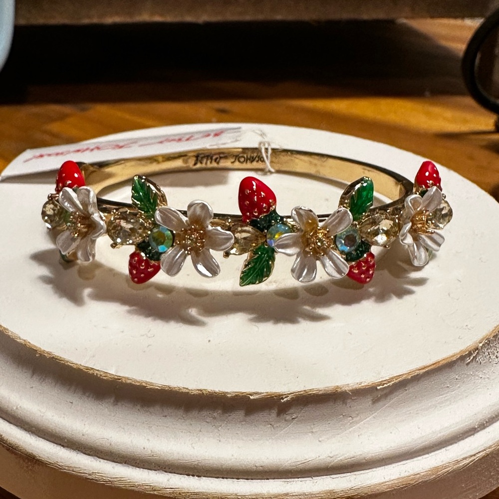 Betsey Johnson Gold Bracelet with Red and Green Floral Accents